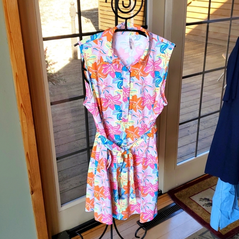 Lulu-B Short Sleeve Floral Sun Dress Sz L UPF50 Stretch NWOT